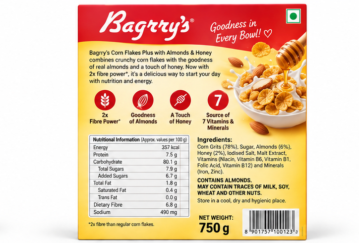 Bagrry's Corn Flakes Plus With Almonds & Honey (2x Fibre Power) 2