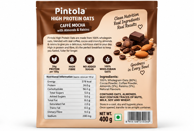 Pintola 26g High Protein Oats Caffe Mocha with Almonds & Raisins 2