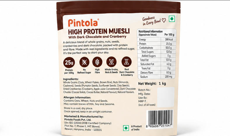 Pintola High Protein Muesli With Dark Chocolate and Cranberry 25g Protein, No Refined Sugar 2