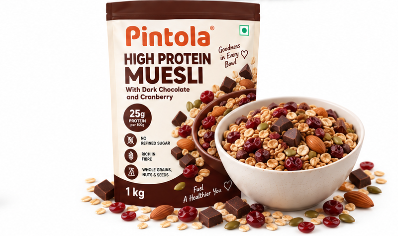 Pintola High Protein Muesli With Dark Chocolate and Cranberry 25g Protein, No Refined Sugar 4