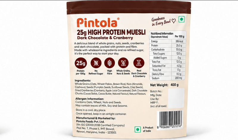 Pintola 25g High Protein Muesli Dark Chocolate & Cranberry 2